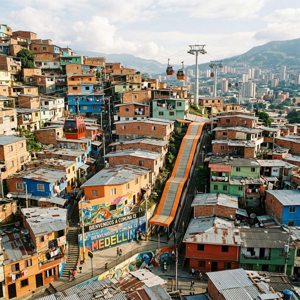 Cable cars and outdoor escalator in colorful hillside neighborhood of Medellín Comuna 13
