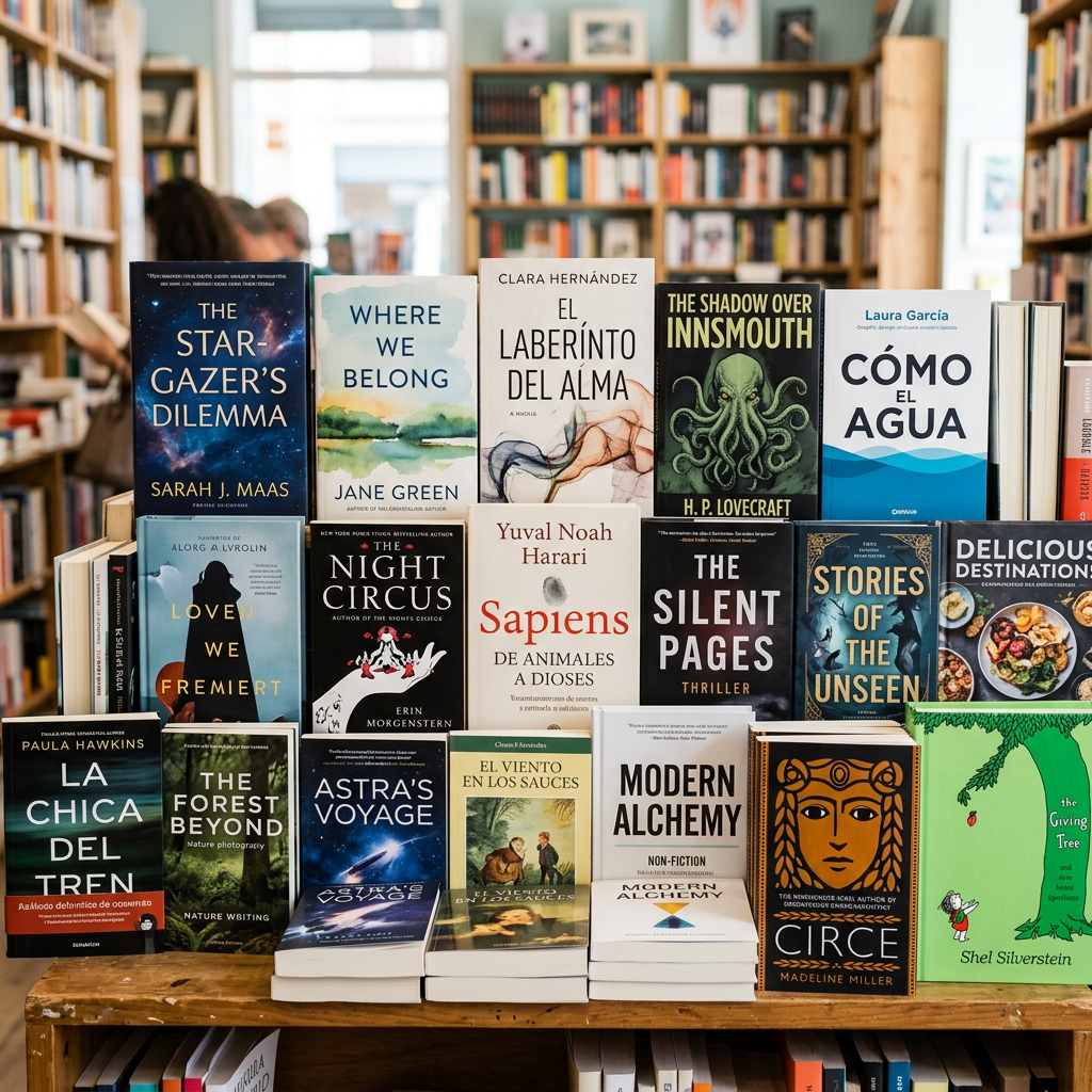 Several popular books arranged standing and stacked on a wooden table inside a bookstore